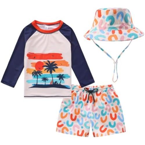 Baby-Boys Toddler Long Sleeved Rashguard Swim Bathing Suit and Sun Hat Set