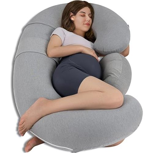 QUEEN ROSE Cooling Pregnancy Pillows, E Shaped Maternity Pillow for Sleeping, with Extra Wedge Pillow for Belly Support, 55 Inch Detachable Body Pillow, Breathable Cover, Grey