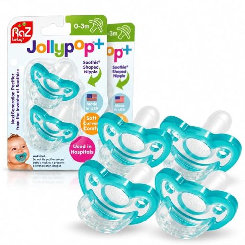 RaZbaby Jollypop Pacifier for Newborns & Up, USA Made, Natural Shaped Orthodontic Binky, Lovingly Shared in NICUs & Hospitals Worldwide, Medical-Grade 100% BPA-Free - 0-3 Months, 4 Pack - Teal