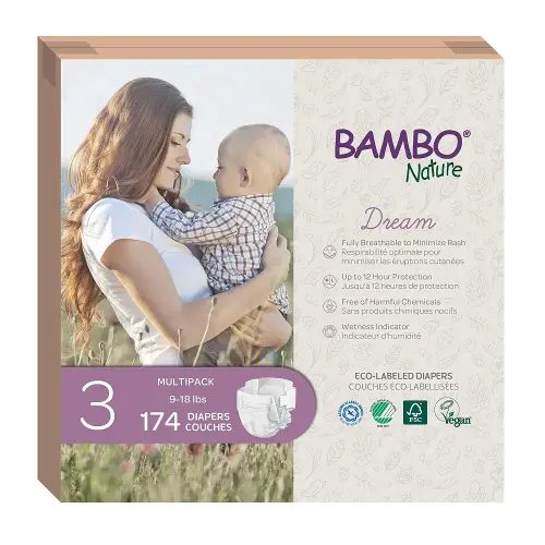 Bambo Nature Hypoallergenic Baby Diapers, Eco-Labelled Sustainable Diapers, Enhanced Leakage Protection, Totally Chlorine-free, Skin Friendly, and Super Absorbent - Size 3 (174 Count)