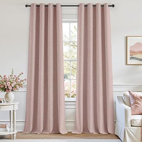 HOMEIDEAS 100% Blush Pink Linen Blackout Curtains for Bedroom, 52 x 84 Inch Length 2 Panels Faux Linen Thermal Insulated Black Out Grommet Window Drapes for Living Preppy Room Decor，Nursery