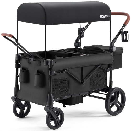 HARPPA Collapsible Wagon Stroller, 2 Seats, All-Terrain, Canopy, Storage, 32.9lbs, Black
