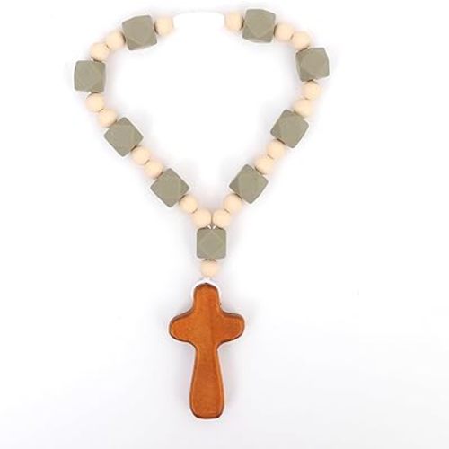 Cross Silicone Rosary - Baptism Party Supplies, Silicone Beads Baptism Gift, Catholic First Cross Rosary (Green Square)