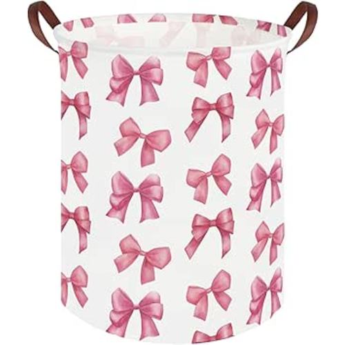Bow laundry basket for girls,Nursery Hamper,Pink Laundry Hamper,Waterproof collapsible canvas laundry basket for girls,Pink Girls Laundry Basket,Living Room Decor(Bowknot)