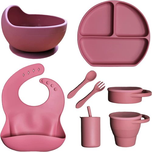 Safe and Mess-Free 8-Piece Baby-Led Weaning Feeding Set - Suction Plates, Bowls, Bib, Straw Cup, Fork, and Spoon - Ideal for 6-12 Months - Make Baby's Mealtime Easy and Fun!