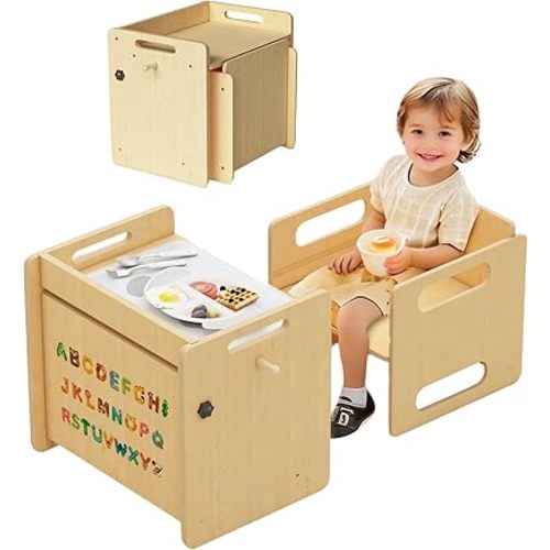 Acenova Montessori Weaning Table and Chair Set, Wooden Weaning Toddler Kids Table with Hook for Toddlers, Montessori Furniture for Reading, Snacks, Play, Learning & Activity Time Kids Toddler Desk