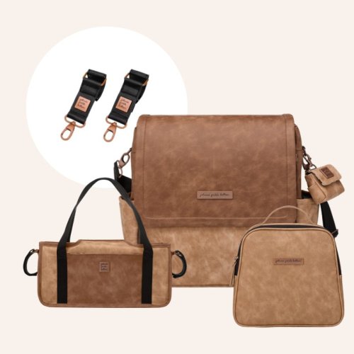 Boxy Backpack in Brioche, Tandem Tote, Wander Stroller Caddy & Stroller Clips Bundle