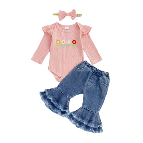 fhutpw Newborn Baby Girl Outfits Rib Knit Romper Jeans Flare Pants Headband Infant Fall Winter Clothes 0 3 6 9 12 18 Months