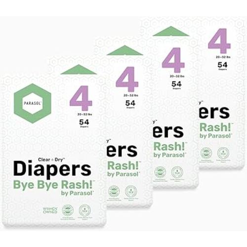 Parasol Clear+Dry Disposable Diapers, RashShield Protection and Leak-Control Fit, Hypoallergenic Diapers, Size 4 (20-32 lbs), 216 Count