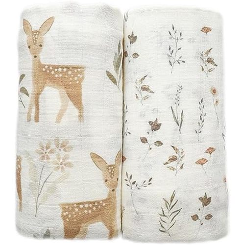 Ultra-Soft Organic Muslin Swaddle Blankets – 70% Viscose from Bamboo & 30% Cotton, 2-Pack – Gentle, Breathable, Lightweight, Soft Muslin – 47 x 47 inch, Soft Baby Wraps (Baby Deer&Meadow Magic)