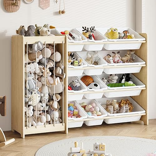 Kids Toy Storage Organizer, 2-in-1 Stuffed Animal Storage & Toy Organizer w/12 Bins, Solid Wood Toy Rack Featuring Thicker Elastic Ropes to Hold Toys, Playroom Nursery Bedroom Storage, White