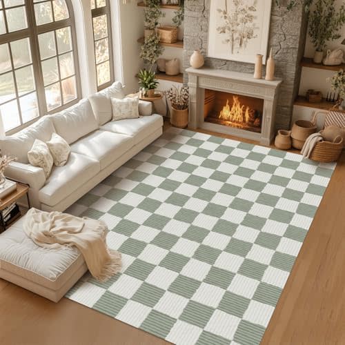Checkered Area Rug 6'×9' Sage Green Washable Large Living Room Rug Geometry Neutral Line Non-Slip Soft Bedroom Carpet Dining Room Nursery Home Office Indoor Decor
