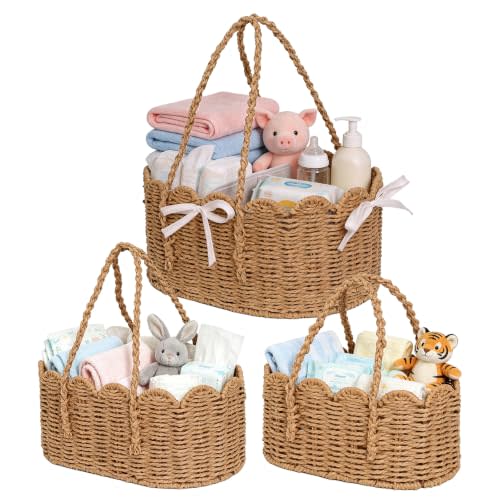 3 Set Wicker Diaper Caddy Organizer,Paper Rope Storage Baskets Nursery Bin | baby toys diapers clothes wipes bibs onesies changing pads burp cloths