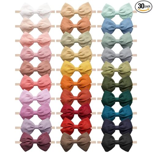 Jesries 30 Pcs Baby Headbands Girls Hair Bows Nylon Hairbands with Linen Bows Handmade Head Accessories for Infant Newborn Toddlers Kids