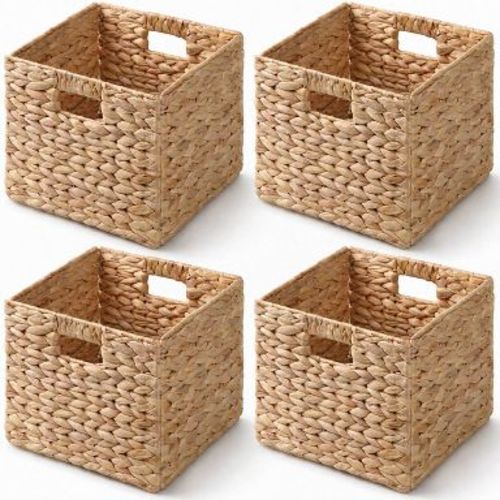 SOL HOME Set of 4 Square Water Hyacinth Folding Decorative Storage Baskets for Closet and Cabinets