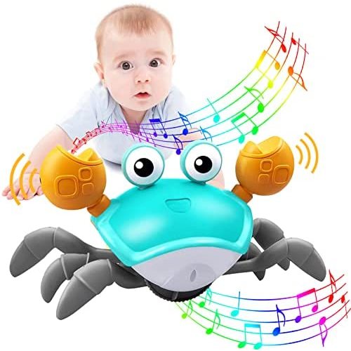 Plnmlls Crawling Crab Baby Toy,Tummy Time Baby Toys with Music and LED Light Will Automatically Avoid Obstacles, Build in Rechargeable Battery for Toddler Interactive Development Toy