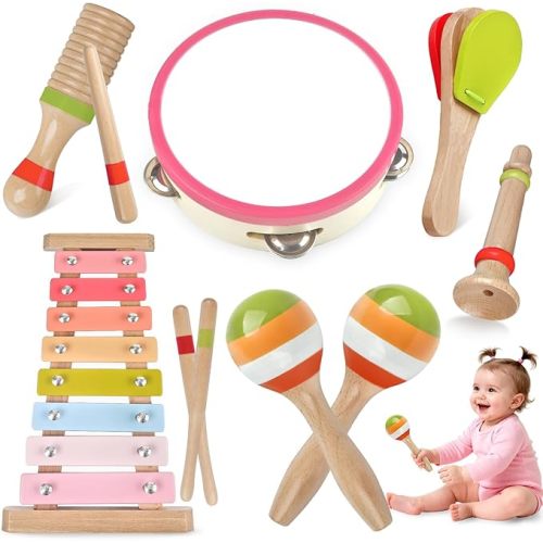 Baby Musical Instruments-Montessori Wooden Toys for Toddlers 1-3,Neutral Colors Percussion Instruments Set with Modern Boho Xylophone for Kids Preschool Educational 3+