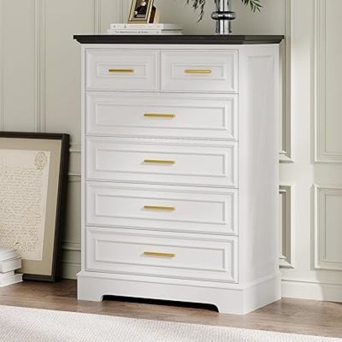 Nrizc Farmhouse 6 Drawers Dresser for Bedroom, 44" Tall Wooden Rustic White Dressers, Modern Cabinet with Gold Handle, Mid Century Vintage Chest of Organizer for Closet, Living Room, Hallway