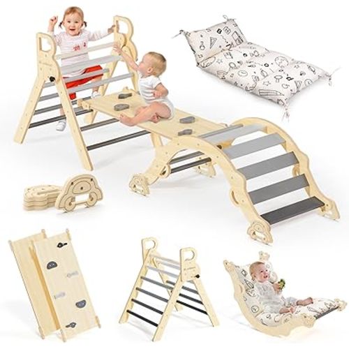 BlueWood Pikler Triangle Set with Cushion, 8-in-1 Climbing Toys for Toddlers, Montessori Philosophy Play Jungle Gym with Arch, Ramp, Ladder(Elegant Gray)