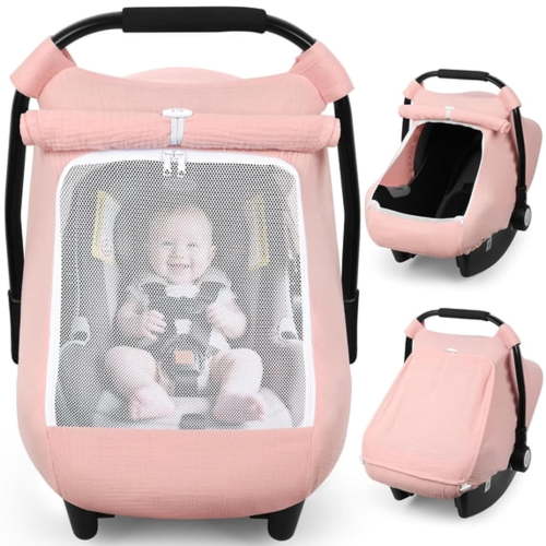 LADYGYM Car Seat Cover Baby,Carseat Covers Girl Boy,Breathable Muslin Cotton,Large Mesh Window,Infant Car Seat Canopy Baby Carrier Cover Stroller Sun Shade,Pink