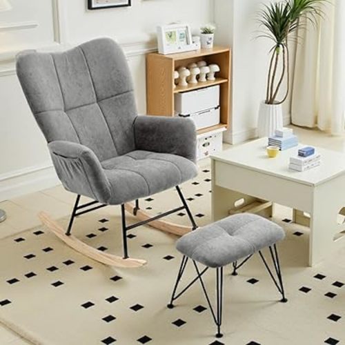 KEEZY Nursery Rocking Chair with Stool Upholstered Glider Rocker Rocking Accent Chair Padded Seat with High Backrest Armchair Comfy Side Chair for Living Room Bedroom Offices (Gray)