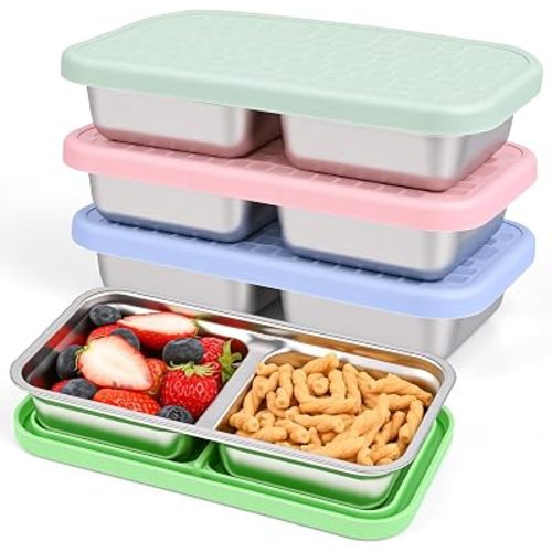 4 Pack Stainless Steel Snack Containers, Leak-Proof 2 Compartment Lunch Boxes with Silicone Lids, Reusable Metal Snack Box for Meal Prep, Travel, Outdoor & Daily Use (2 Compartments – A)