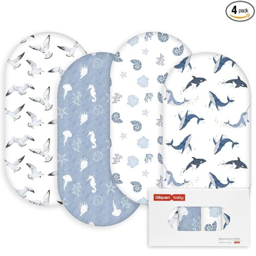 Gllquen Baby Bassinet Sheets 4 Pack, Breathable Cozy Fitted Mattress Sheet, Elastic Travel Crib Fashionable Pattern, Standard Cradle Safe Sheets for Baby Boys Girls 32"x16"(Ocean Wander)