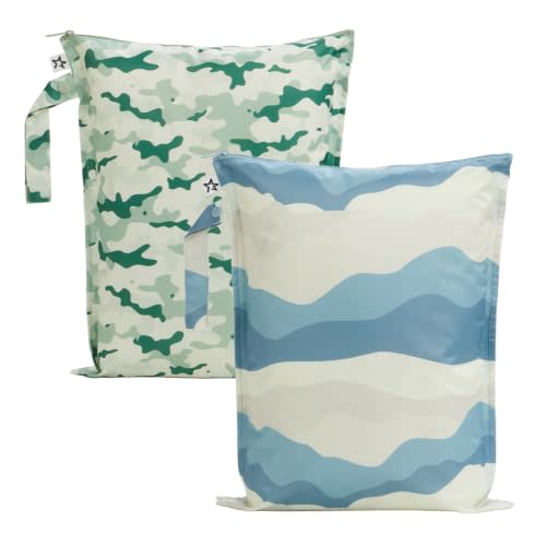 Tiny Twinkle Mess Proof Wet Bags | 2-Pack Reusable Waterproof Wet Bags for Swimsuits | Baby Clothes | Travel & Diaper Bag (Camo,Explorer)
