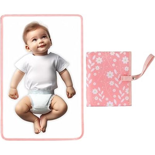 Portable Diaper Changing Pad for Baby - Waterproof Compact Changing Mat with Wrist Strap - Wipeable Travel Changing Pad for Diaper Bag - Gifts for Baby Shower by PHOEBUS BABY(Pink Flowers)