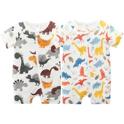 Unisex Summer Trendy 2-Pack Rompers Short Sleeve Zipped Bodysuit Infant Cotton Outfits
