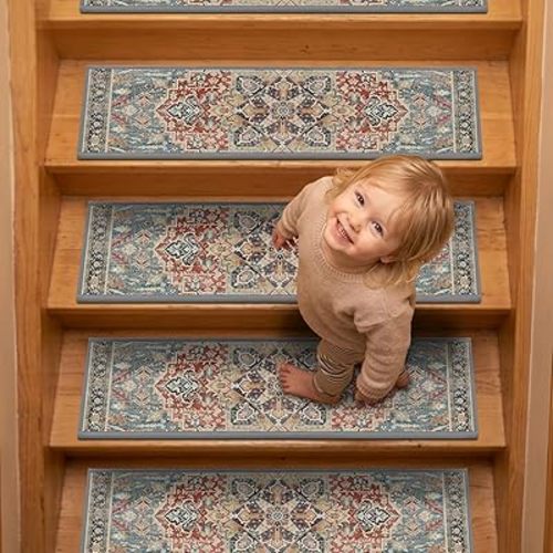 Non-Slip Stair Treads for Wooden Steps 15pcs,8"x30" Stair Carpet Treads for Indoor Use,Peel and Stick Stair Runners,Washable Reusable Adhesive Backing,Pet-Friendly Stair Capet for Kids,Elders,Dogs