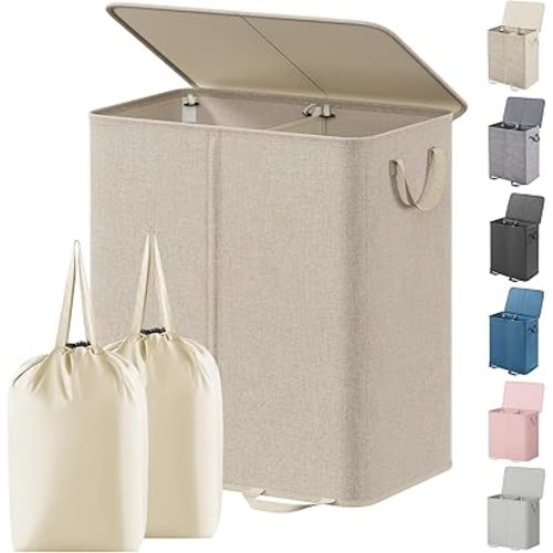 Lifewit Double Laundry Hamper with Lid and Removable Laundry Bags, Large Collapsible 2 Dividers Dirty Clothes Basket with Handles for Bedroom, Laundry Room, Closet, Bathroom, College, 155L Beige