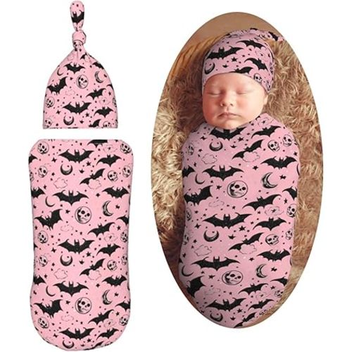 Gothic Bats Skulls Newborn Swaddle Blankets Hat Sets Soft Baby Receiving Blanket Swaddle Sack for Baby Shower Infant Boy Girl Gift