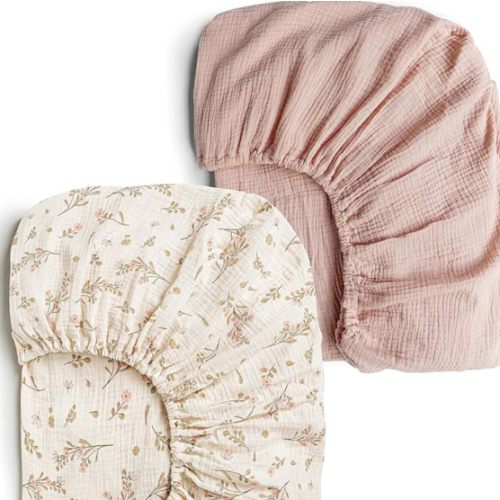 Konssy Muslin Crib Sheets for Girl Boy, 2 PCS Soft and Breathable Cotton Baby Sheets for Standard Crib Mattress, 52"x 28" (Floral, Pink)