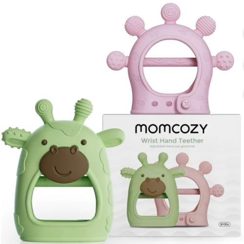 Momcozy Silicone Baby Teether, Soft Teething Toys for Infant 0-12 Months, Green and Pink