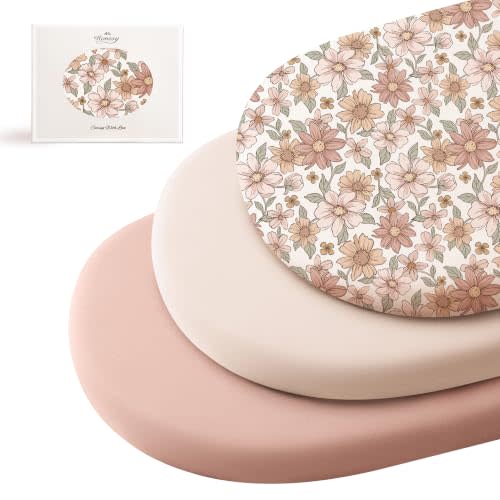 Konssy 3 Pack Stretchy Bassinet Sheets for Baby Girls and Boys, 32"x16" | Silky-Soft & Breathable, Bassinet Mattress Sheet, Compatible with Halo Bassinest Swivel Sleeper, Graco, Snoo (Vintage Petals)
