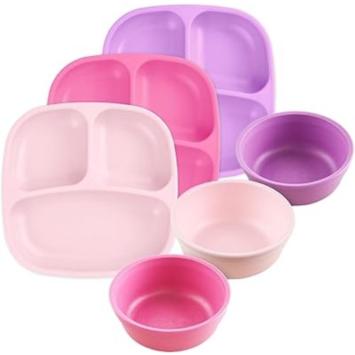 Re-Play Dinnerware Set for Toddlers - Kids Dining Set of 3 Divided Plates and 3 Snack Bowls - Dishwasher/Microwave Safe - Made in USA - Princess