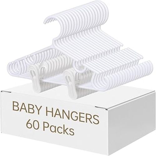 Nursery Baby Hangers with Clips, 20 Newborn Kids Plastic Clothes Hangers for Toddler Pants – with 40 Clips for Children's Clothes Packs(White,60 Packs)