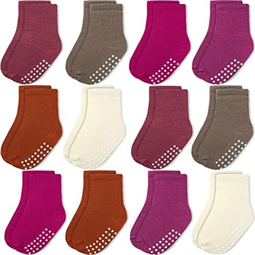 JAKIDAR 12 Pack Baby Toddler Socks Non Slip Grip Cotton Crew Socks for Boys Girls Infants Kids