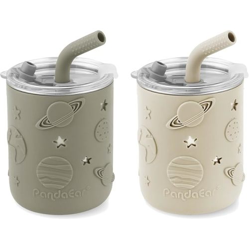 PandaEar 2 Pack Stainless Steel Toddler Cups with Lids & Silicone Sleeves | 8.8 oz Spill Proof Sippy Cups with Straw Stopper & Teething-Friendly Straws for Kids & Babies (Beige & Khaki)