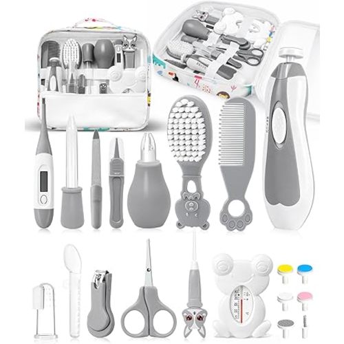 Baby Healthcare and Grooming Kit, Electric Safety Nail Trimmer Baby Nursery Kit, Newborn Care Kits with Hair Brush Comb for Newborn Infant Toddlers Baby Boys Girls Kids, Baby Shower Gifts (Grey)