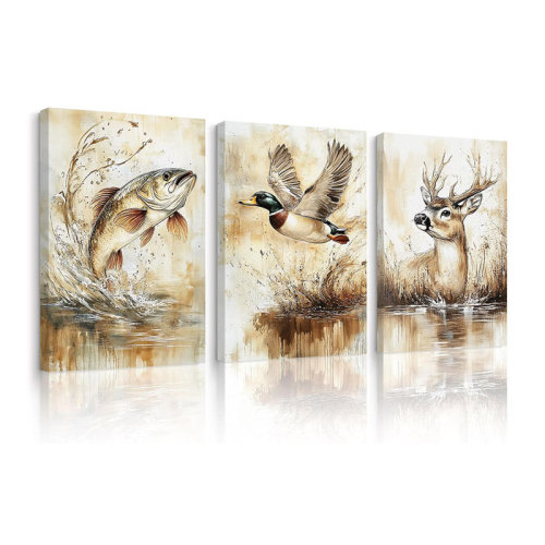 Highland Dunes Vintage Animal Wall Art Baby Boy Room Canvas Wall Decor Farmhouse Animal Posters Kids Nursery Hunting Art Prints Rustic Deer Fish Pictures Mallard Duck Painting For Bedroom 12X16x3 Inch Ready To Hang | Wayfair