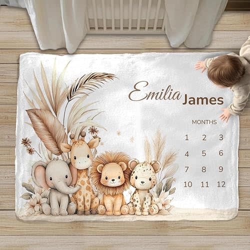 Baby Milestone Blanket Personalized, Personalized Safari Baby Blanket, Jungle Animal Milestone Blankets, Boho Nursery Decor, Infant Name Quilt, Baby Shower Present
