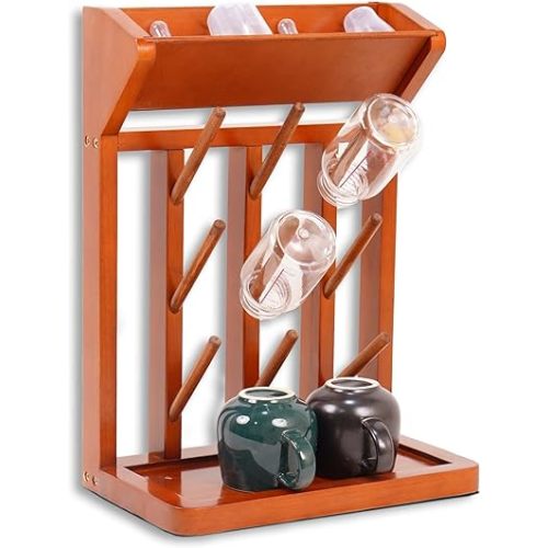 Natural Vertical Bottle Drying Rack Rubber Wood 9 Hooks, Use for Bottles, Cups, Mugs, Glasswine, Space Saving Storage Shelf Bottle Holder Dryer Kitchen
