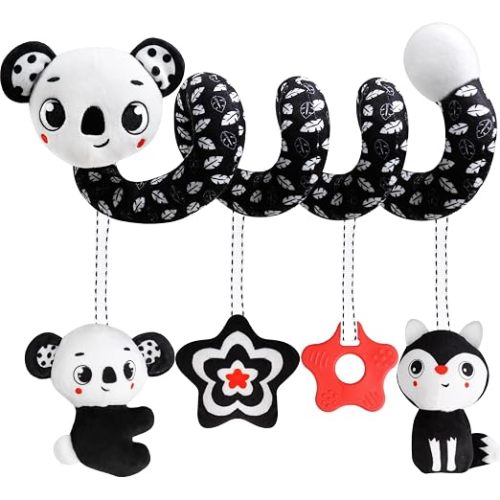 Baby Carseat Toy Black & White Rattle Spiral Hanging Activity Stroller Toy for Newborns Boys and Girls - Koala