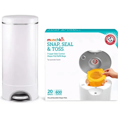 Munchkin Step Diaper Pail Powered by Arm & Hammer with Munchkin Arm & Hammer Diaper Pail Snap, Seal and Toss Refill Bags