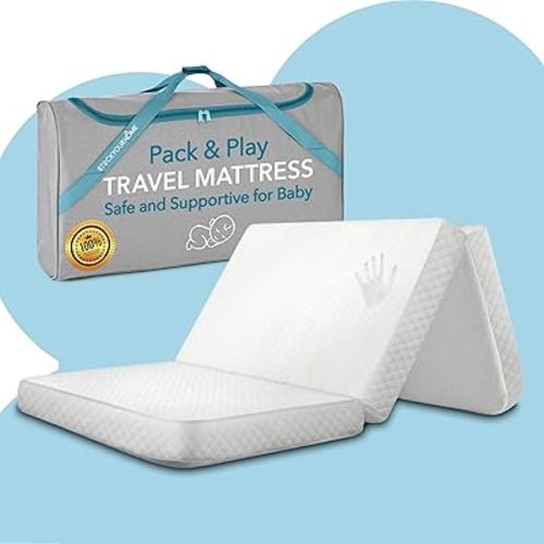 3" Foldable Travel Pack n Play Mattress Pad with Bag, Waterproof Portable Mini Crib Mattresses, Baby Bed Playpen Memory Foam Topper, Playard Pen Accessories, Traveling Case Included