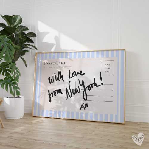 New York wall art, horizontal above bed art, narrow wall art, blue and white stripes, trending wall art, postcard print, NYC poster retro