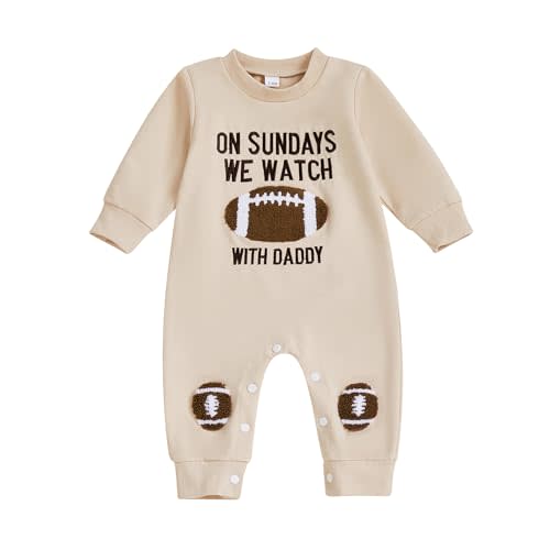 allshope Newborn Baby Boy Girl Fall Outfit Romper Long Sleeve Football Embroidery Jumpsuit Bodysuit Cute Infant Clothes