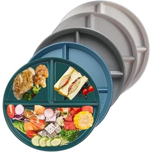 RUIBOLU Unbreakable Divided Plates 5PCS for Kids Adults, Compartment Plate, Lightweight Reusable Dinnerware Portion Control Plastic Plates (5Pack 9 Inch)